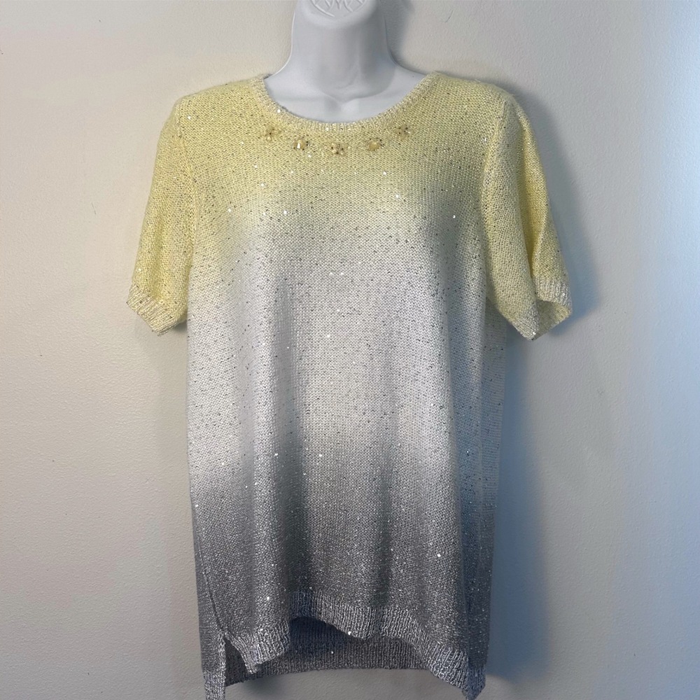 Alfred Dunner Women Sz S Ombre Sequin Beaded Knit Top Short Sleeve Yellow Silver